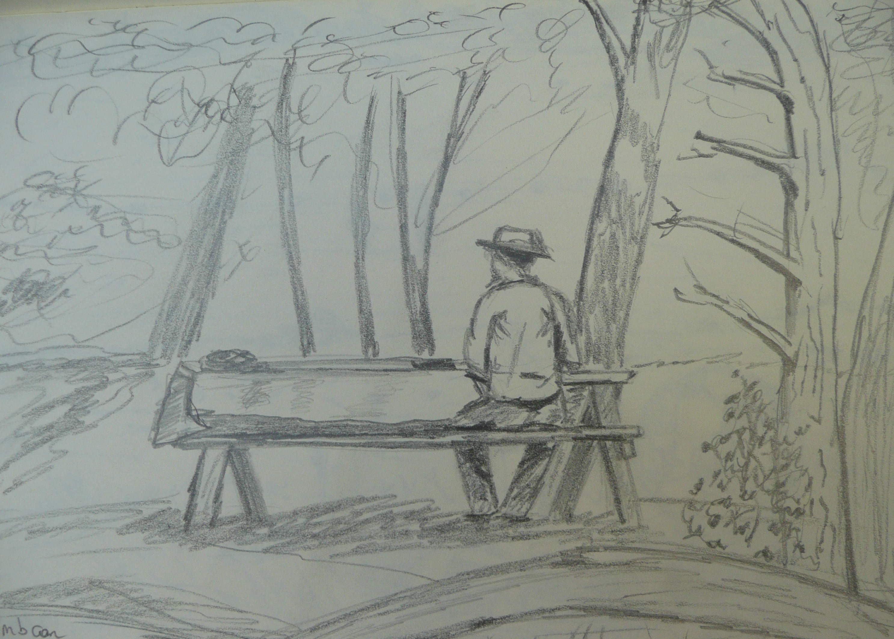 schets man met hoed picknick bos